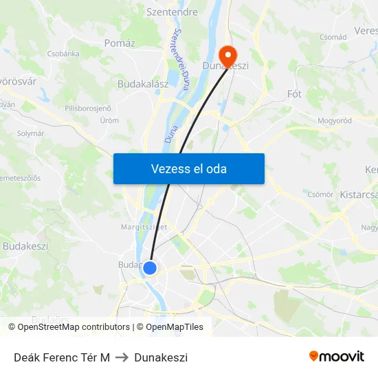 Deák Ferenc Tér M to Dunakeszi map