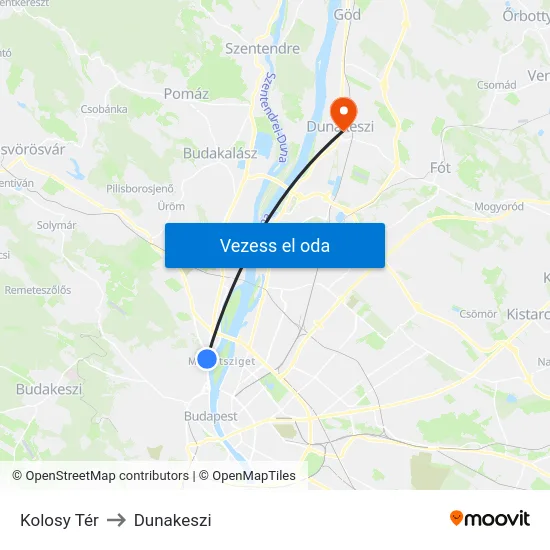 Kolosy Tér to Dunakeszi map