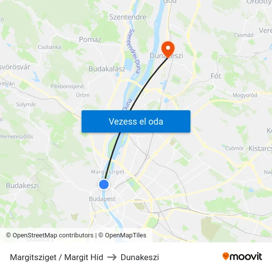 Margitsziget / Margit Híd to Dunakeszi map