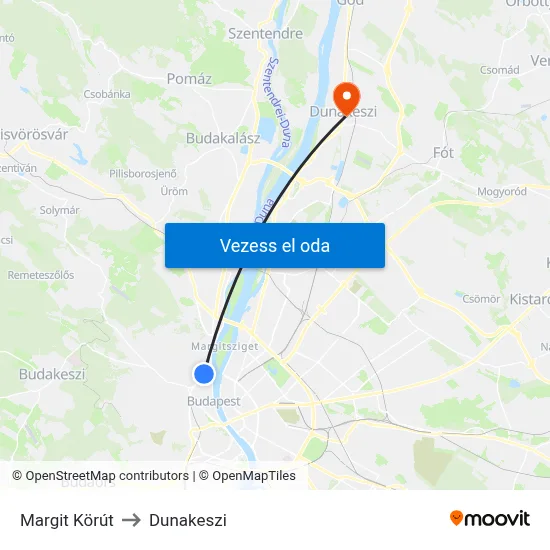 Margit Körút to Dunakeszi map