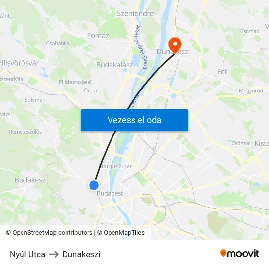 Nyúl Utca to Dunakeszi map