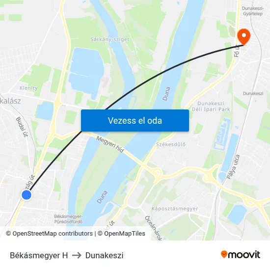 Békásmegyer H to Dunakeszi map