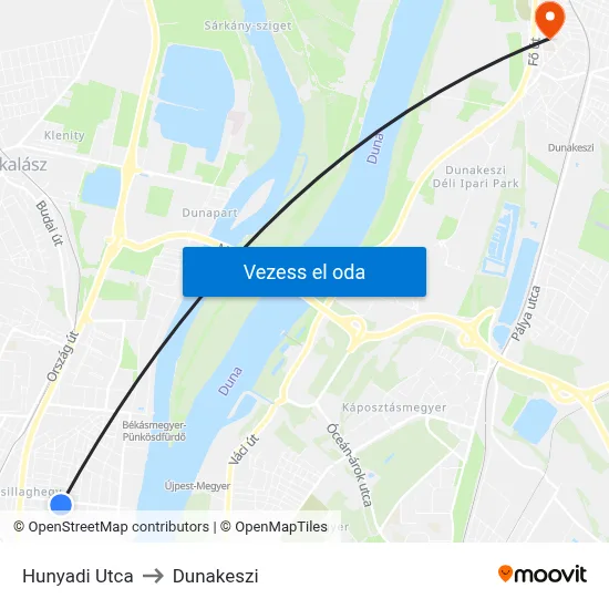 Hunyadi Utca to Dunakeszi map