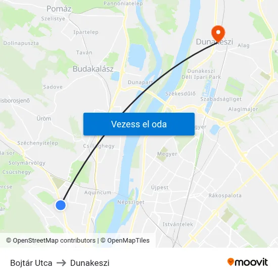 Bojtár Utca to Dunakeszi map