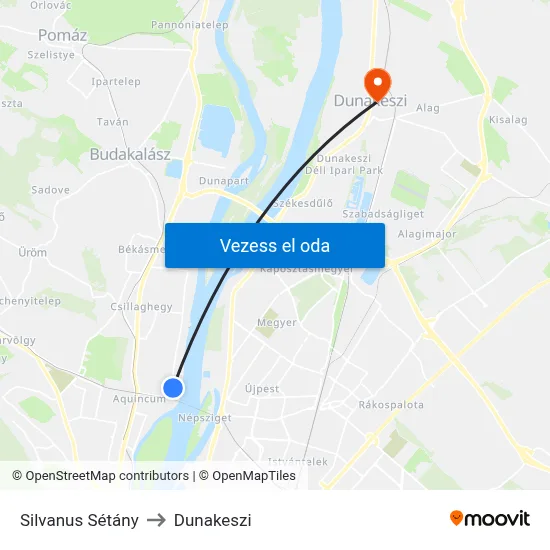 Silvanus Sétány to Dunakeszi map