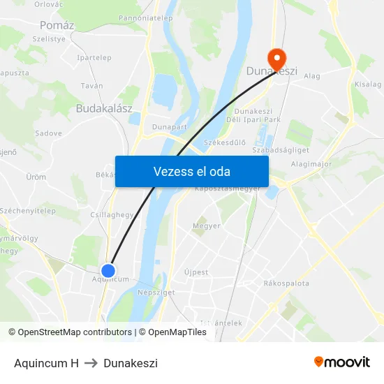 Aquincum H to Dunakeszi map