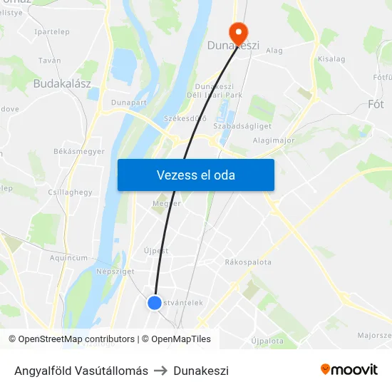Angyalföld Vasútállomás to Dunakeszi map