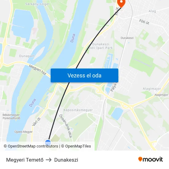 Megyeri Temető to Dunakeszi map