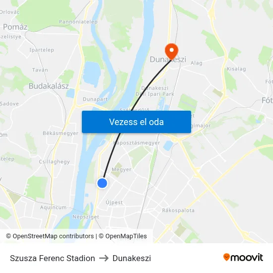 Szusza Ferenc Stadion to Dunakeszi map