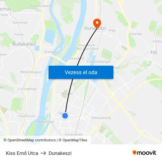 Kiss Ernő Utca to Dunakeszi map