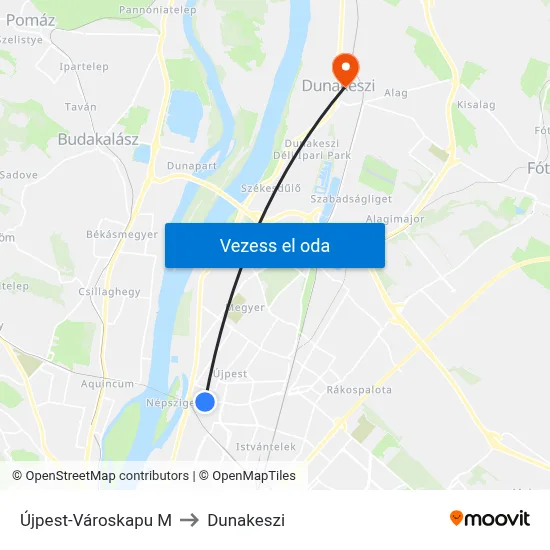 Újpest-Városkapu M to Dunakeszi map