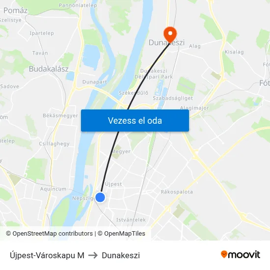 Újpest-Városkapu M to Dunakeszi map