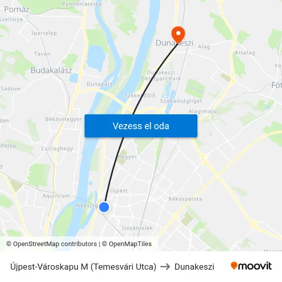Újpest-Városkapu M (Temesvári Utca) to Dunakeszi map