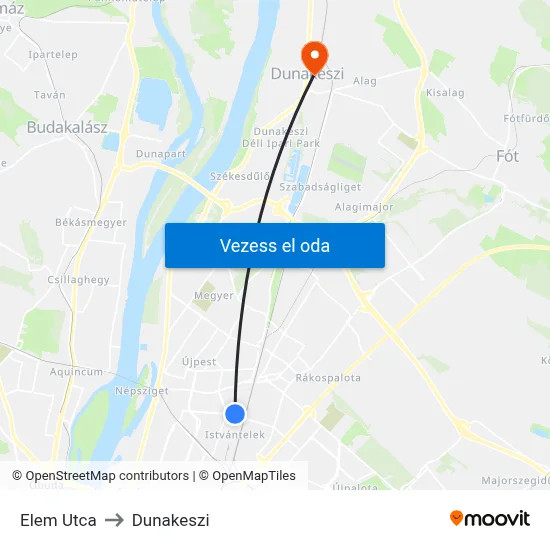 Elem Utca to Dunakeszi map