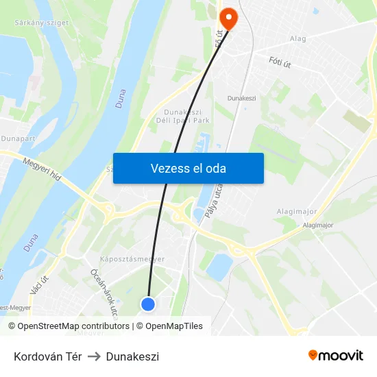 Kordován Tér to Dunakeszi map