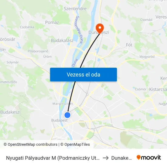Nyugati Pályaudvar M (Podmaniczky Utca) to Dunakeszi map