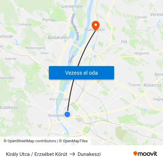 Király Utca / Erzsébet Körút to Dunakeszi map