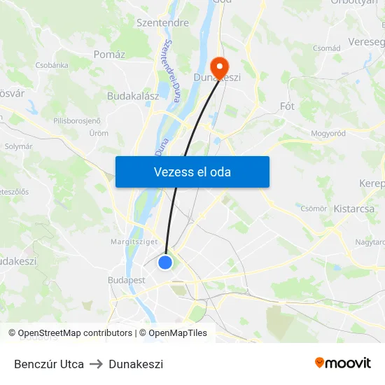 Benczúr Utca to Dunakeszi map