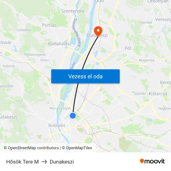Hősök Tere M to Dunakeszi map