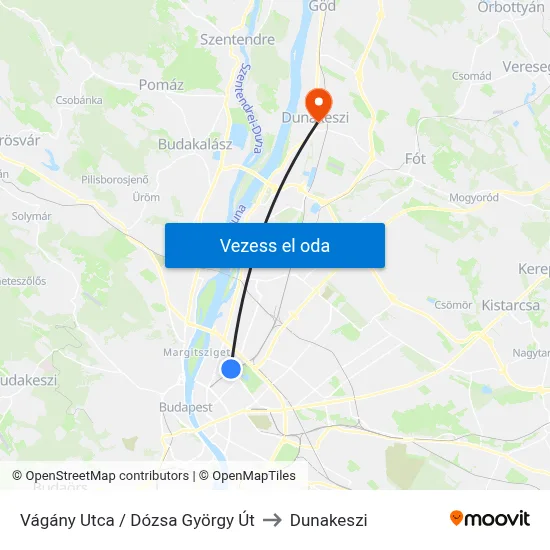 Vágány Utca / Dózsa György Út to Dunakeszi map