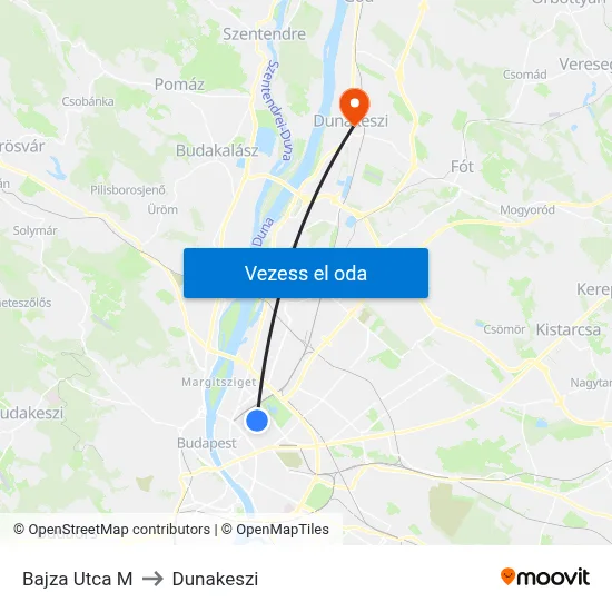 Bajza Utca M to Dunakeszi map