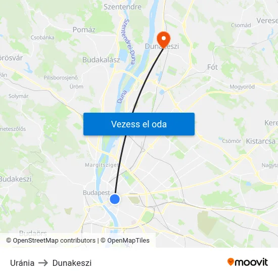 Uránia to Dunakeszi map