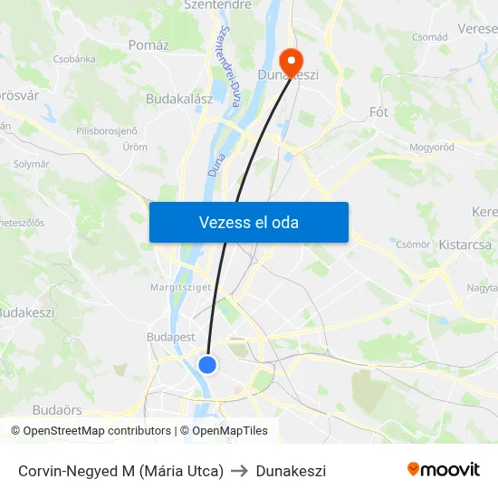 Corvin-Negyed M (Mária Utca) to Dunakeszi map