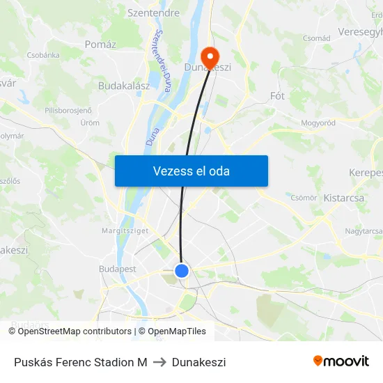 Puskás Ferenc Stadion M to Dunakeszi map