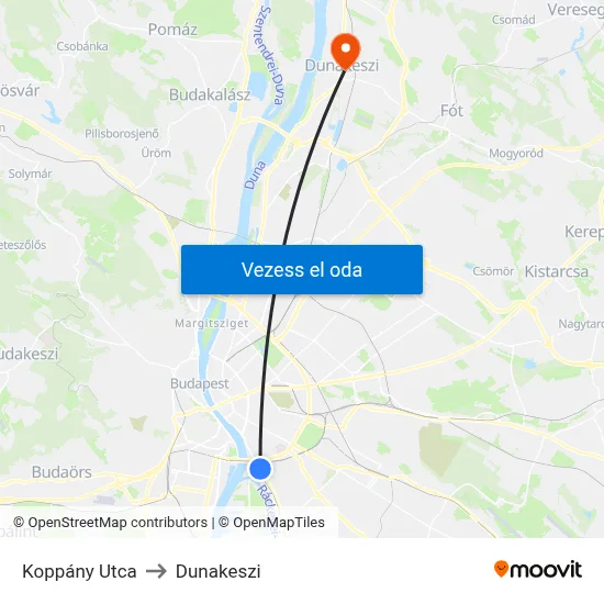 Koppány Utca to Dunakeszi map