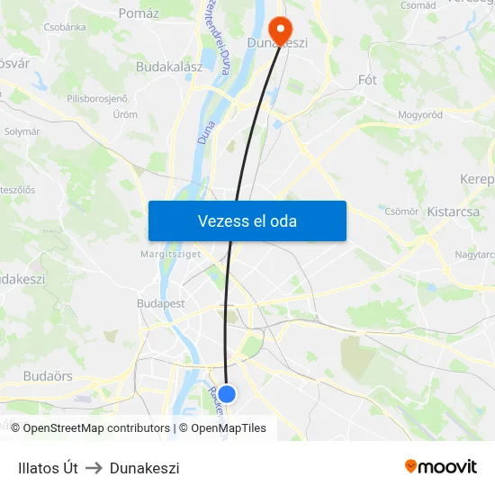 Illatos Út to Dunakeszi map