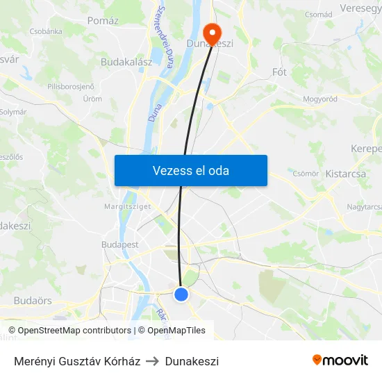 Merényi Gusztáv Kórház to Dunakeszi map