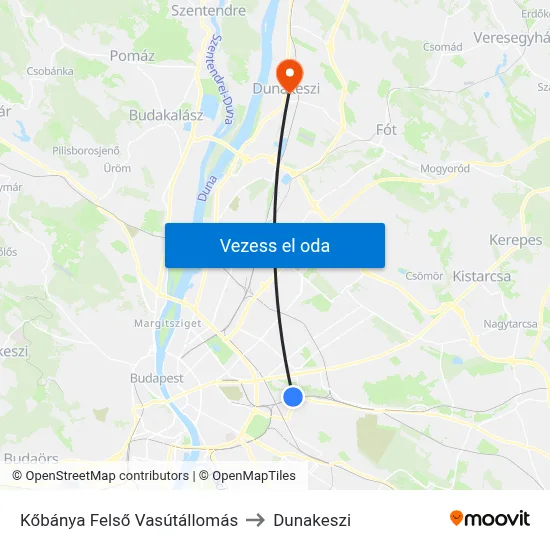 Kőbánya Felső Vasútállomás to Dunakeszi map