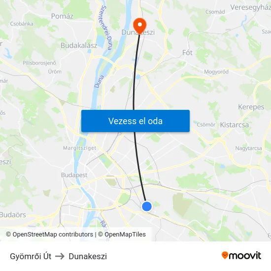 Gyömrői Út to Dunakeszi map