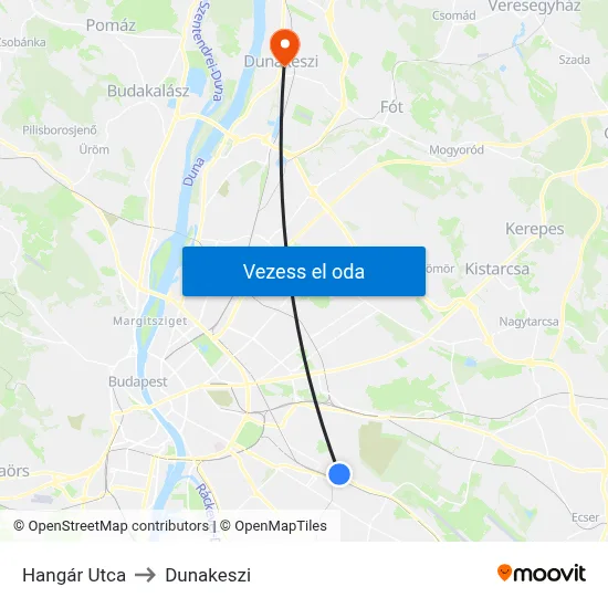 Hangár Utca to Dunakeszi map
