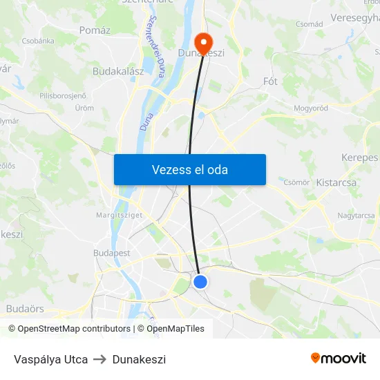 Vaspálya Utca to Dunakeszi map