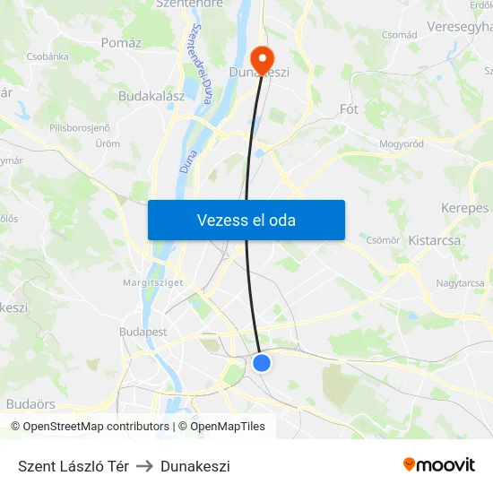 Szent László Tér to Dunakeszi map