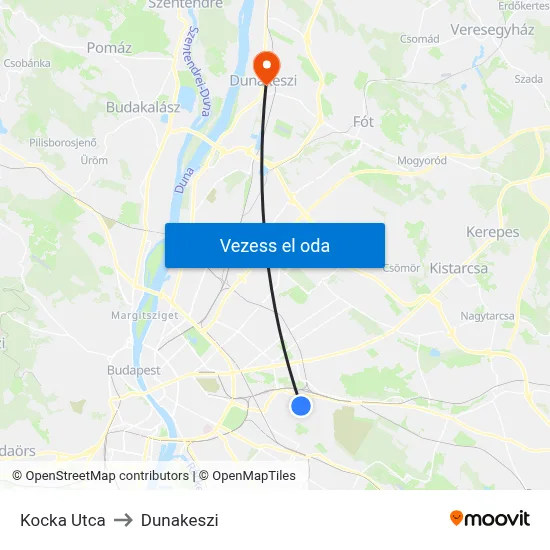 Kocka Utca to Dunakeszi map