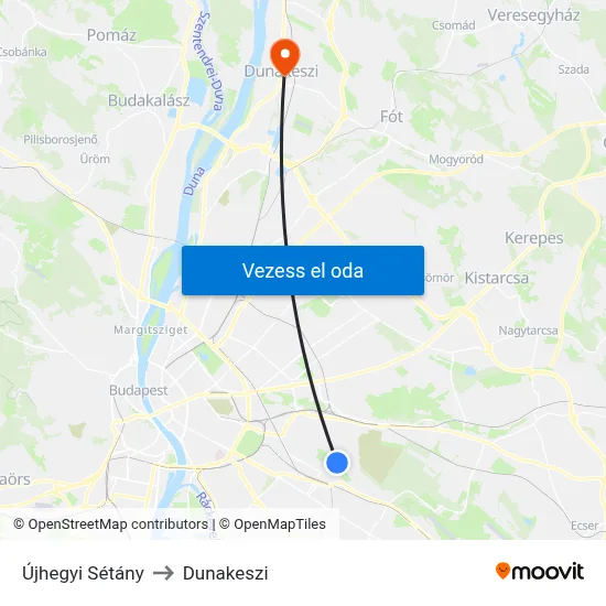 Újhegyi Sétány to Dunakeszi map