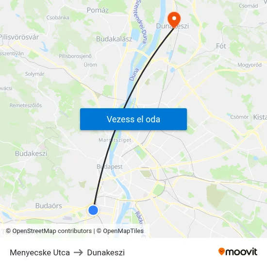 Menyecske Utca to Dunakeszi map