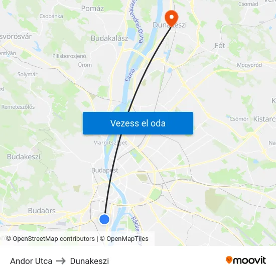 Andor Utca to Dunakeszi map