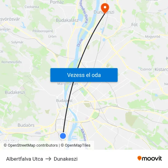 Albertfalva Utca to Dunakeszi map