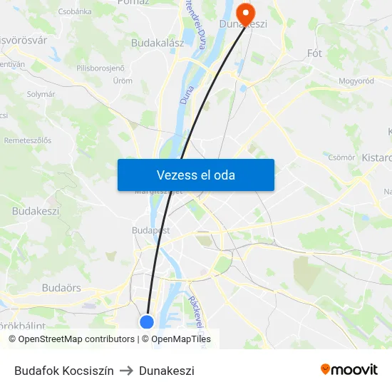 Budafok Kocsiszín to Dunakeszi map