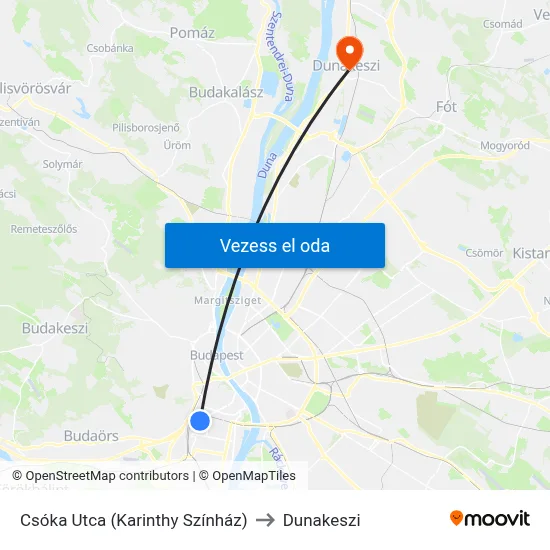 Csóka Utca (Karinthy Színház) to Dunakeszi map