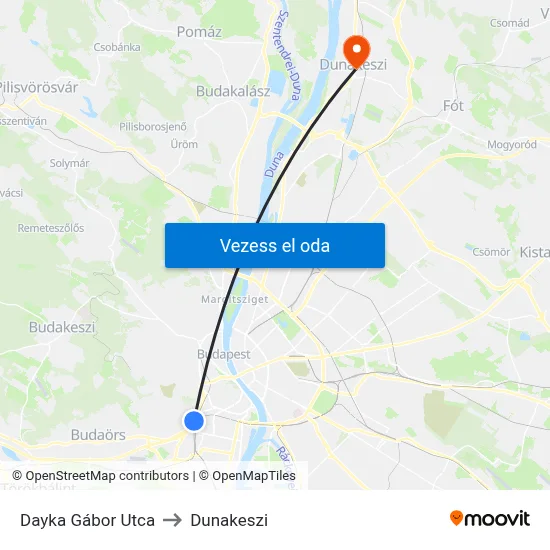 Dayka Gábor Utca to Dunakeszi map