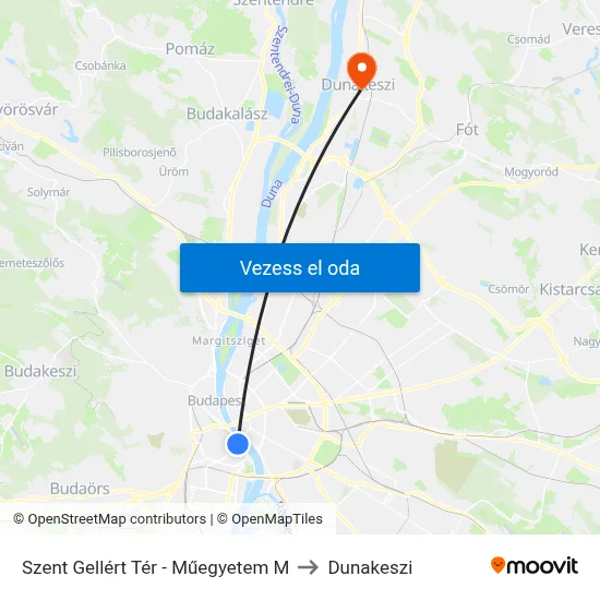 Szent Gellért Tér - Műegyetem M to Dunakeszi map