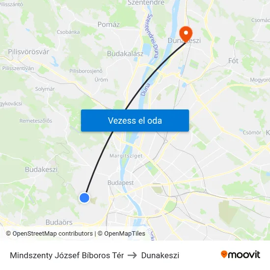 Mindszenty József Bíboros Tér to Dunakeszi map