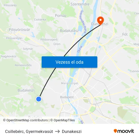 Csillebérc, Gyermekvasút to Dunakeszi map