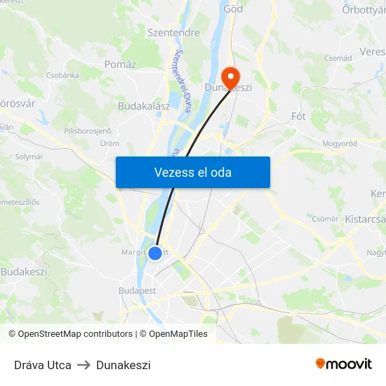 Dráva Utca to Dunakeszi map