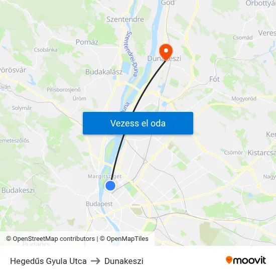 Hegedűs Gyula Utca to Dunakeszi map