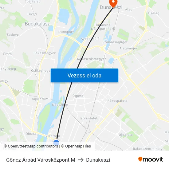 Göncz Árpád Városközpont M to Dunakeszi map
